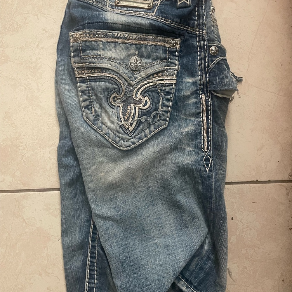 Rock Revival Men's Light Blue Embroidered Pocket Boot Cut Jeans